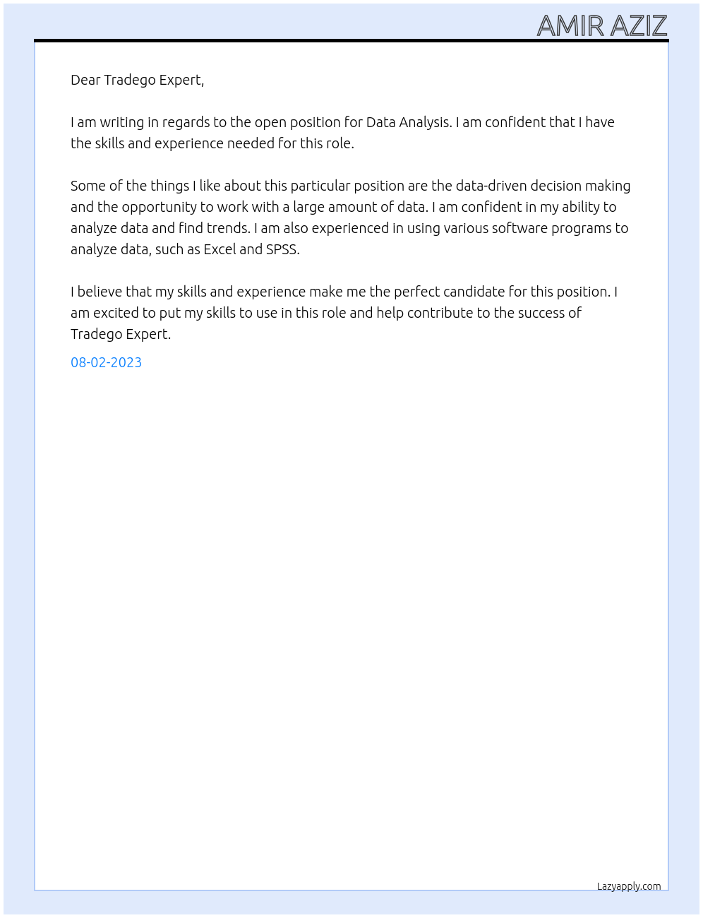 Data Analysis At Tradego Expert Cover Letter