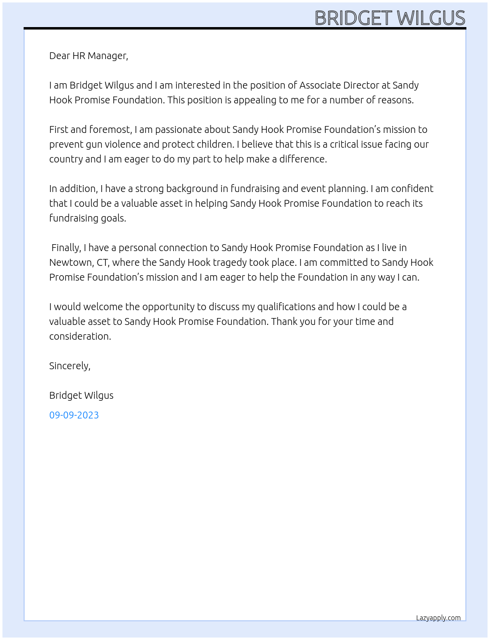 Associate Director At Sandy Hook Promise Foundation Cover Letter