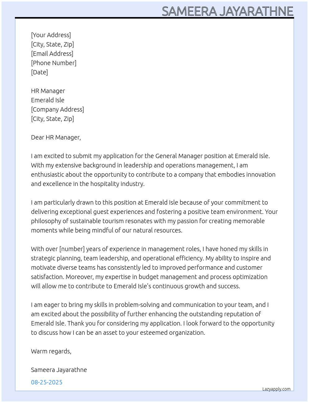 General Manager At Emerald Isle Cover Letter