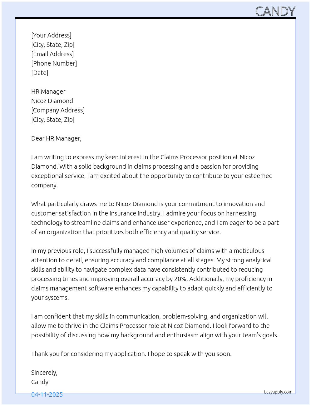 claims processor At nicoz diamond Cover Letter