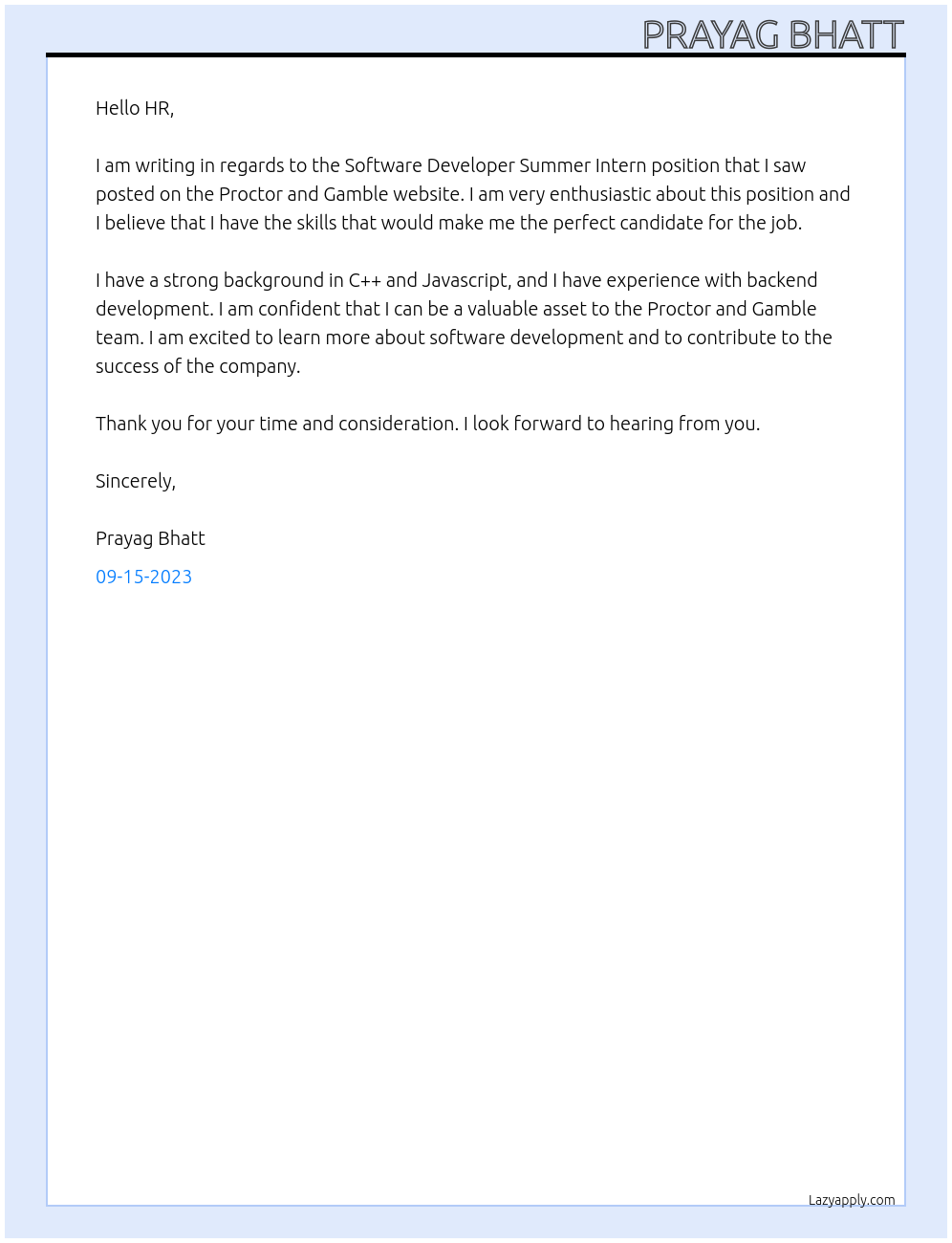 Software Developer Summer Intern At Proctor and Gamble Cover Letter