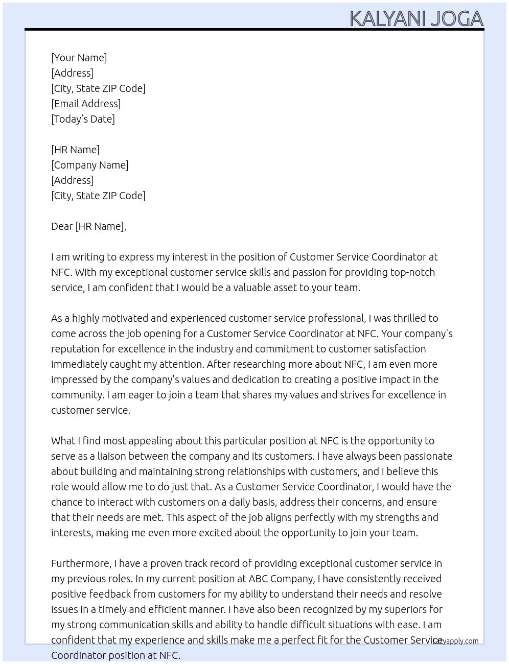 CUSTOMER Service co-ordinator At NFC Cover Letter