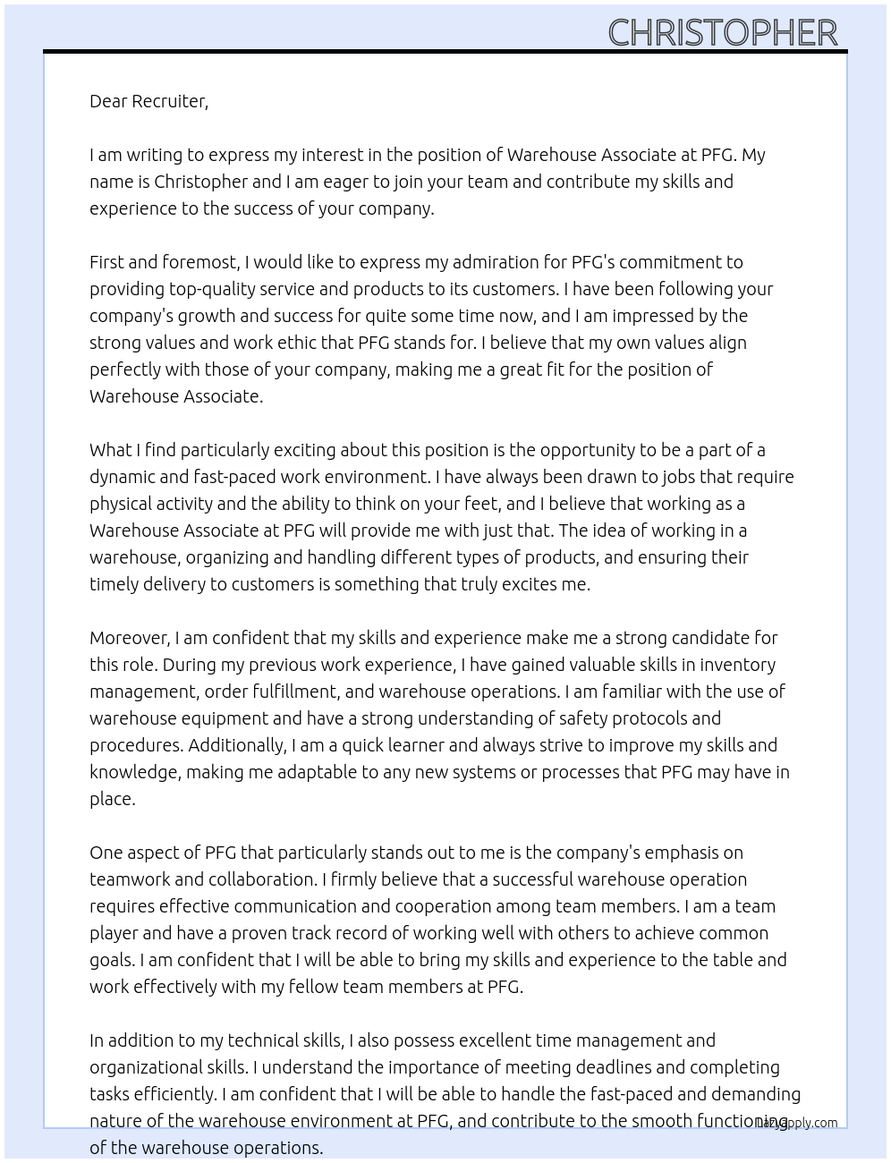 warehouse associate At PFG Cover Letter