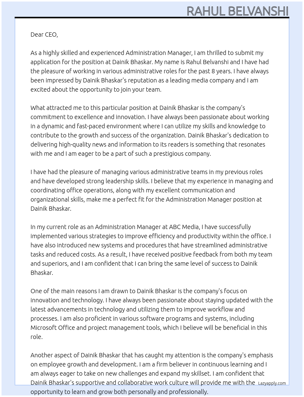 Administration Manager At Dainik Bhaskar Cover Letter