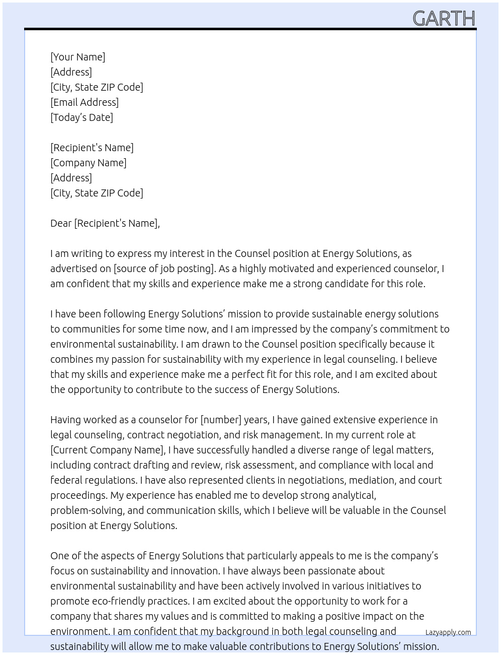 Counsel At Energy Solutions Cover Letter
