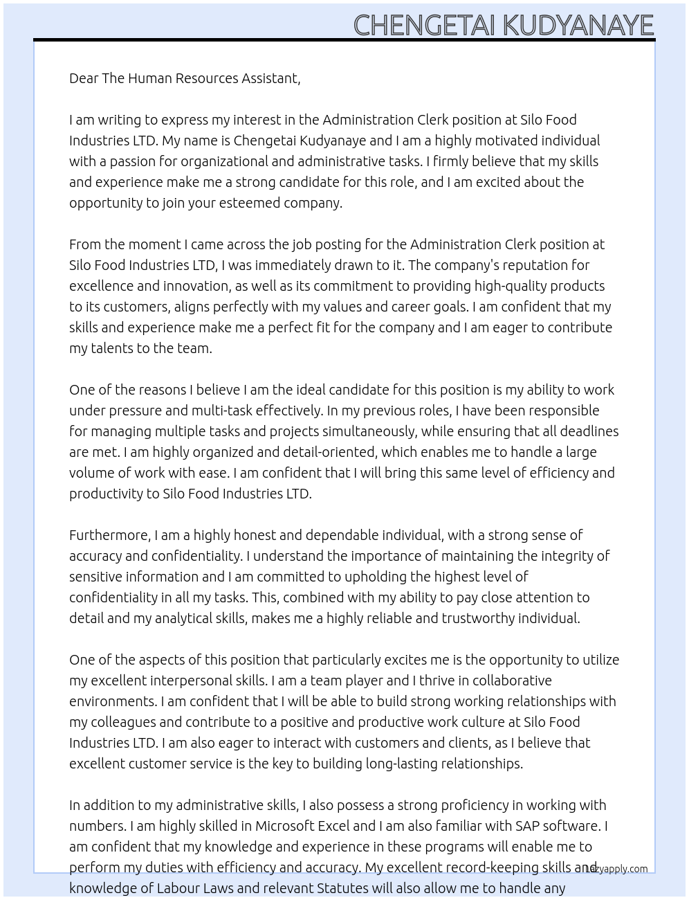 Administration clerk At Silo Food Industries LTD Cover Letter