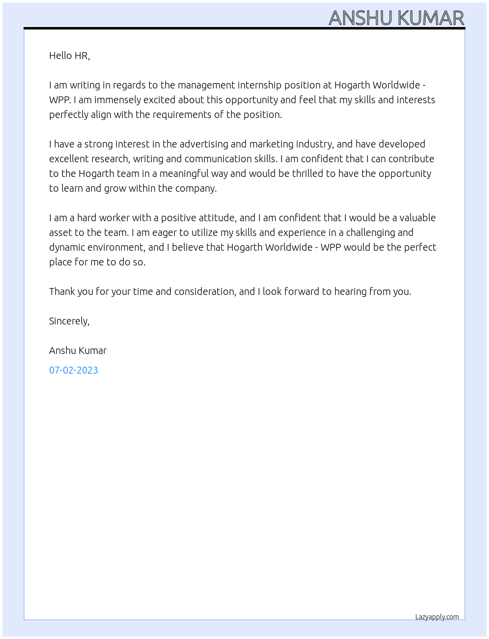 Management internship At Hogarth Worldwide - WPP Cover Letter