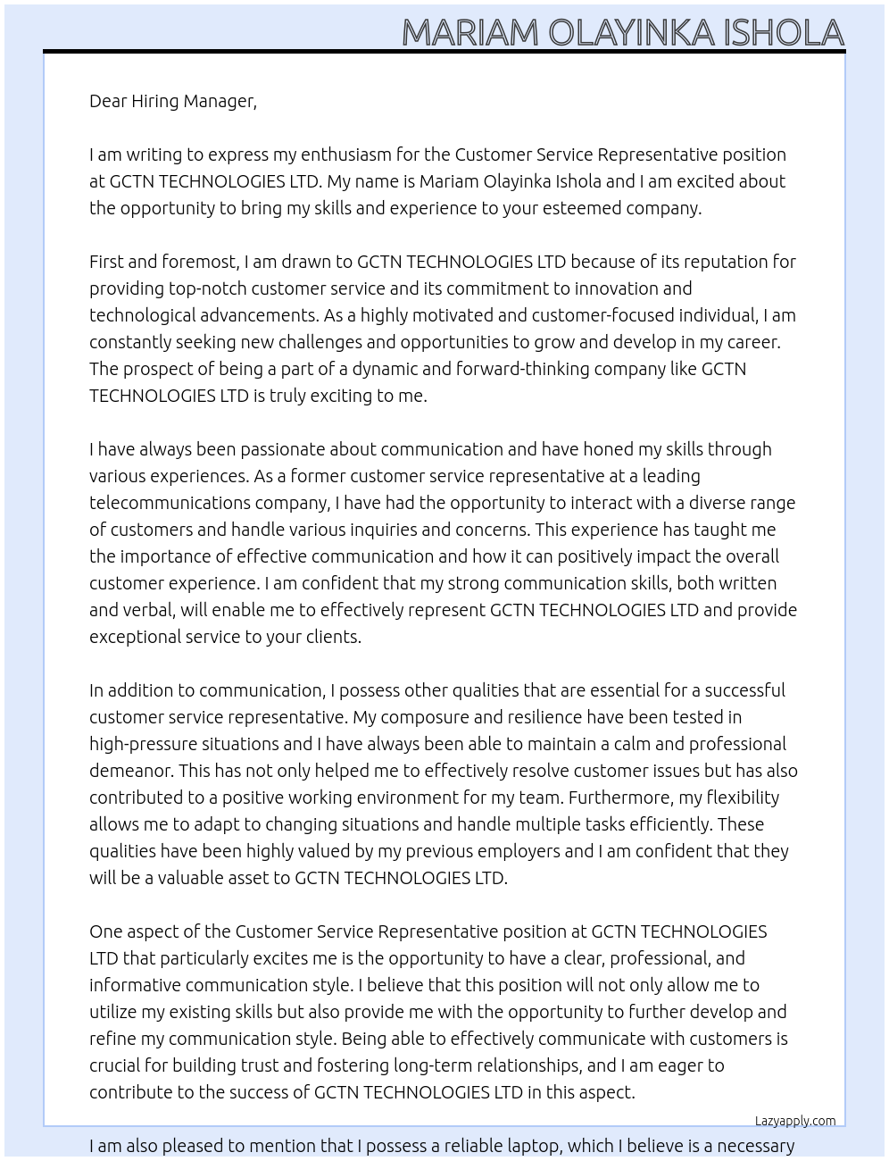 Customer Service Representive At GCTN TECHNOLOGIES LTD Cover Letter