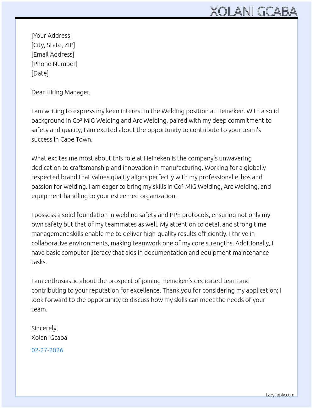 Welding (Co² Welding, Arc Welding) At Heineken  Cover Letter