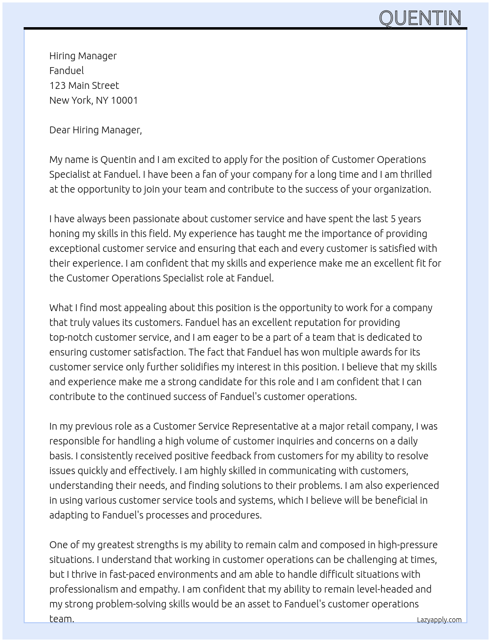 Customer Operations specialist At Fanduel  Cover Letter