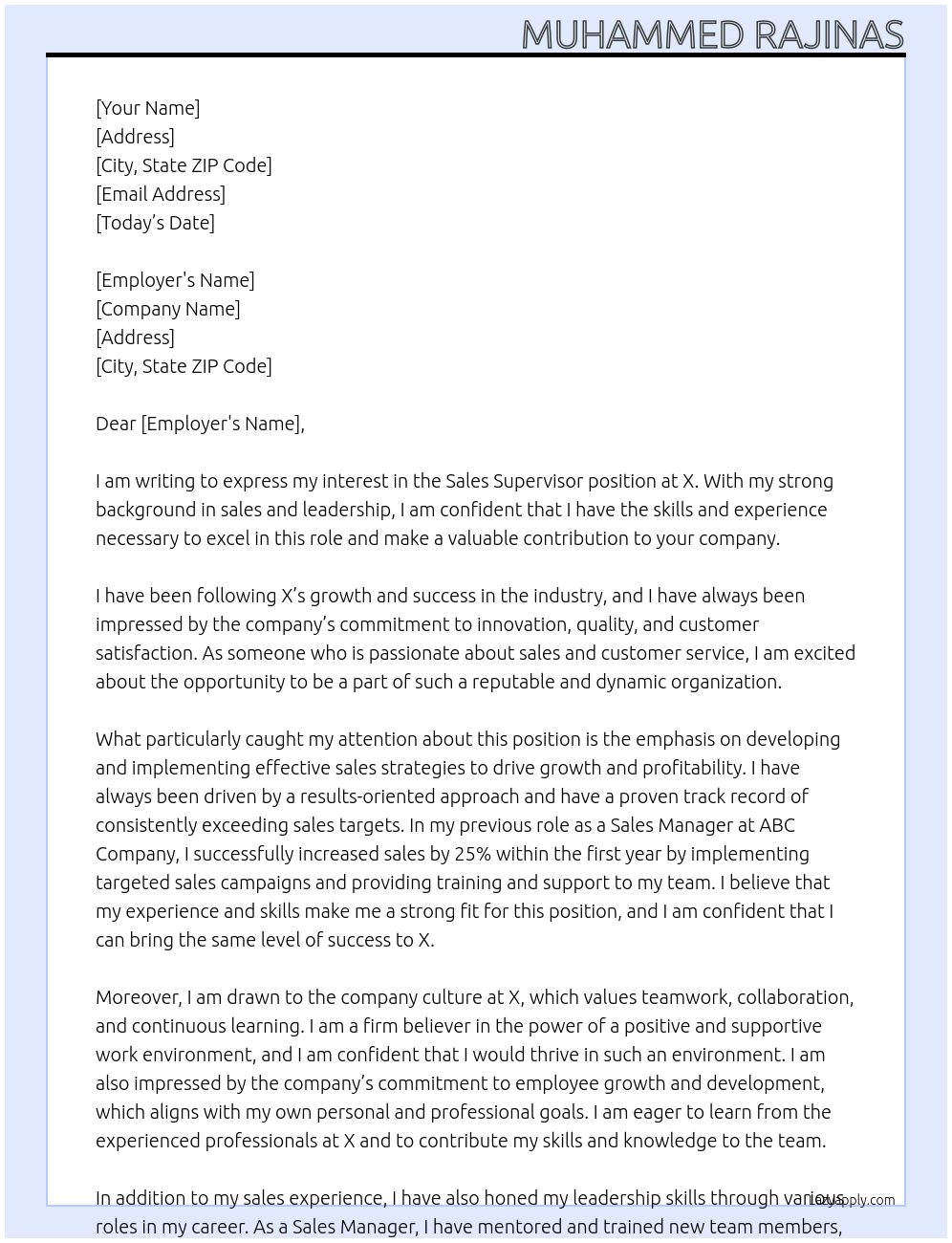 Sales supervisor At X Cover Letter