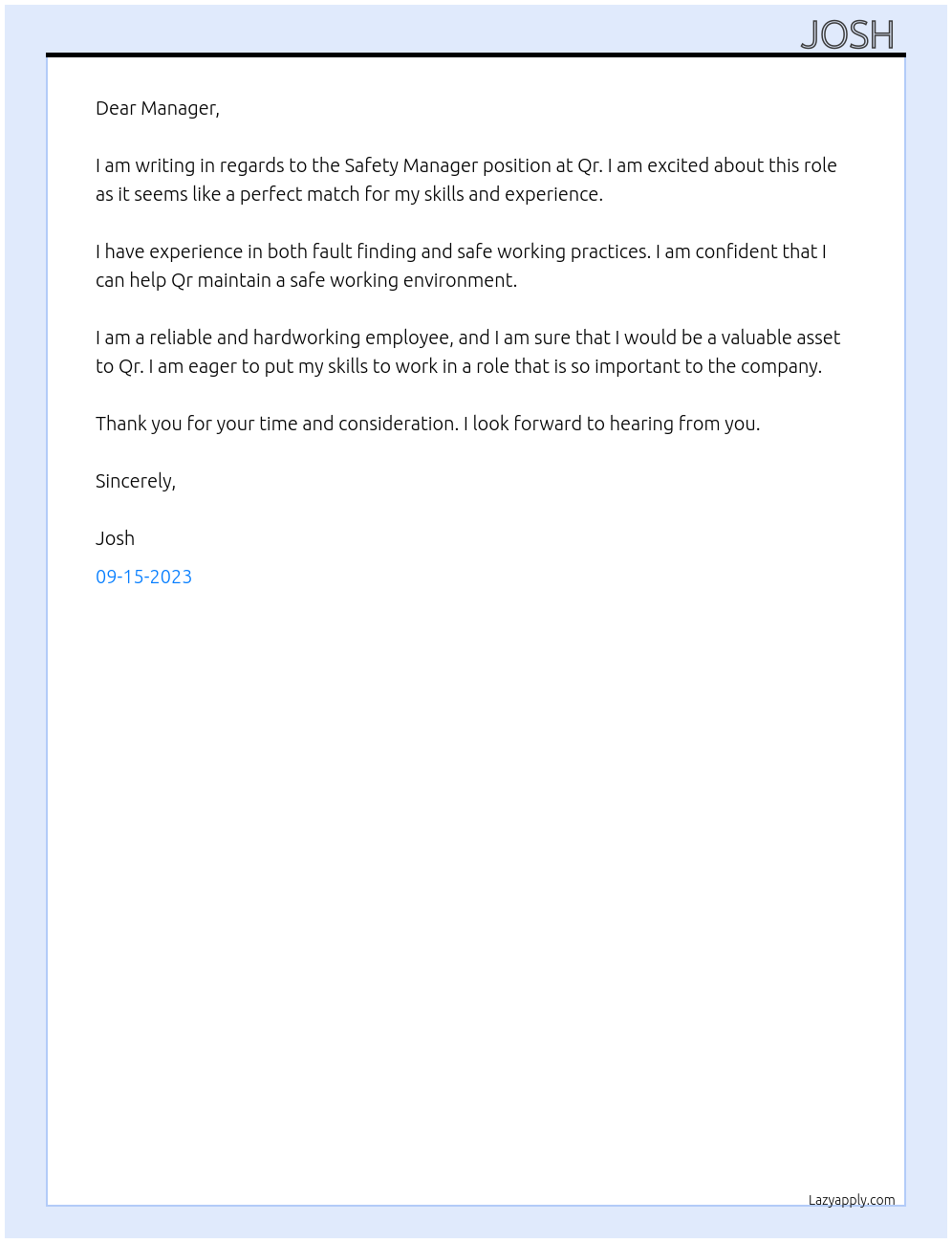 Safety manager At Qr Cover Letter