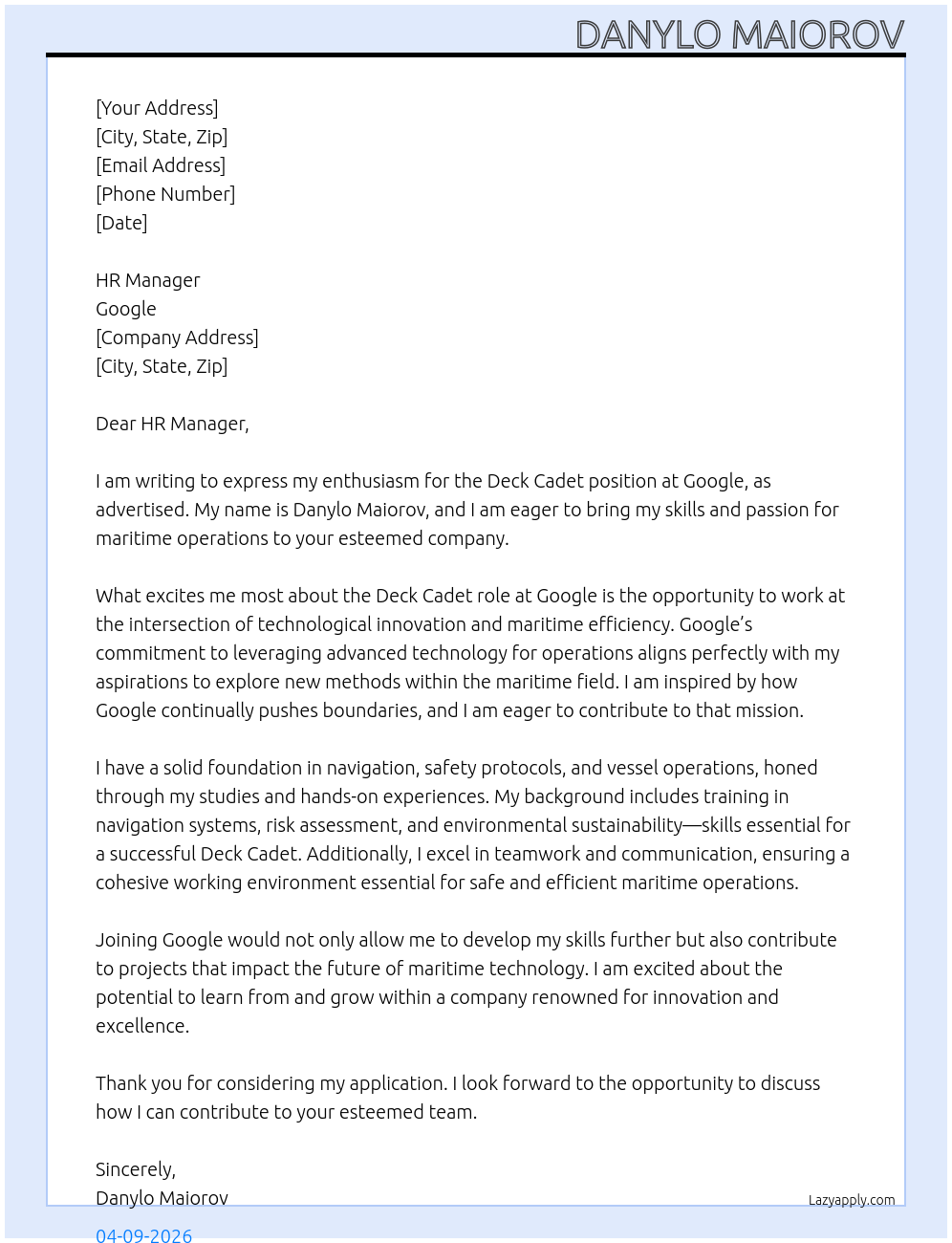 Deck Cadet At Google Cover Letter