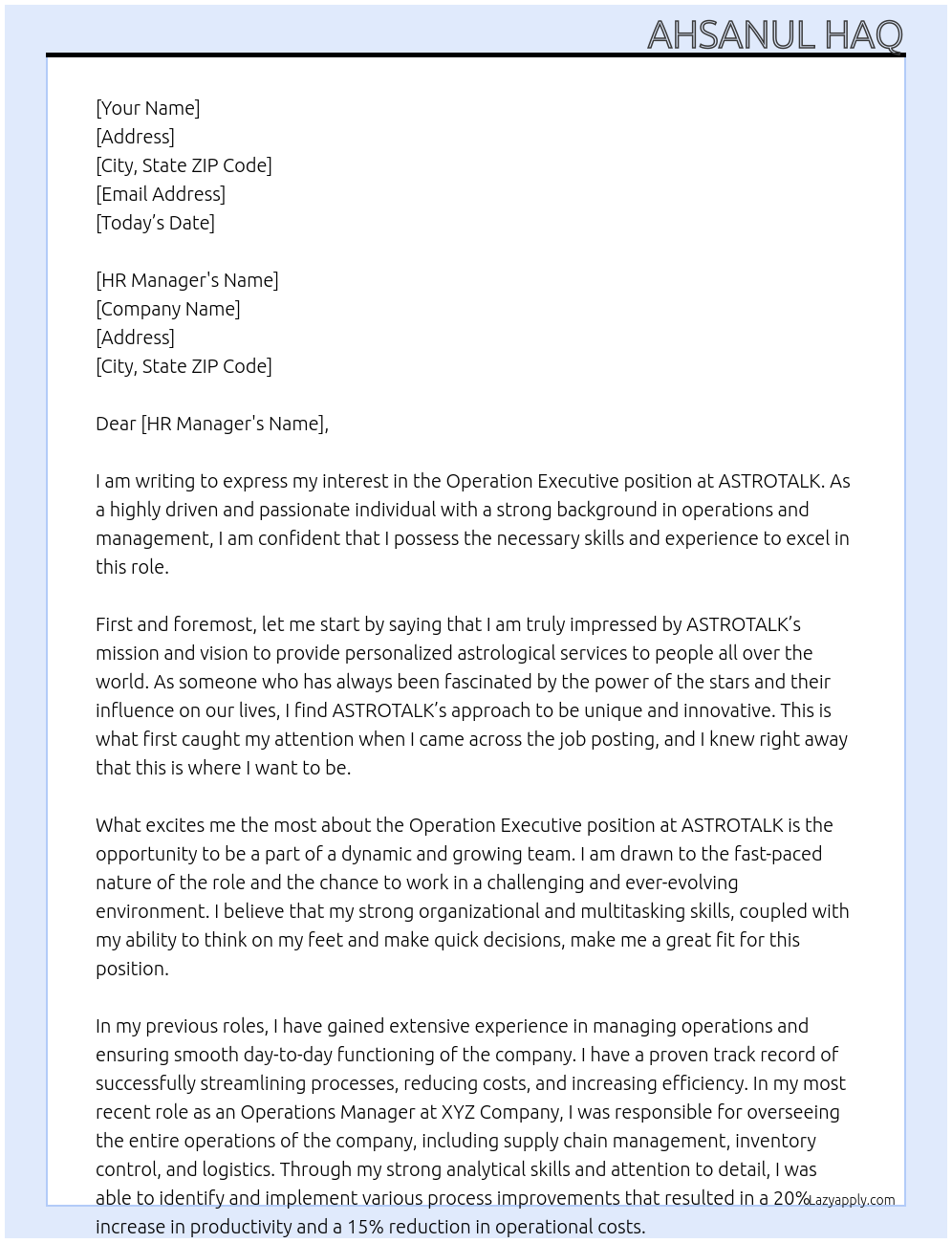 OPERATION EXECUTIVE At ASTROTALK Cover Letter