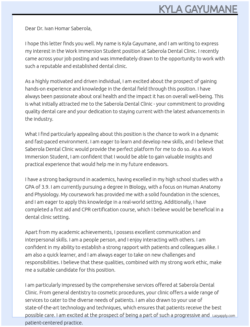 Work immersion Student  At Saberola Dental clinic  Cover Letter