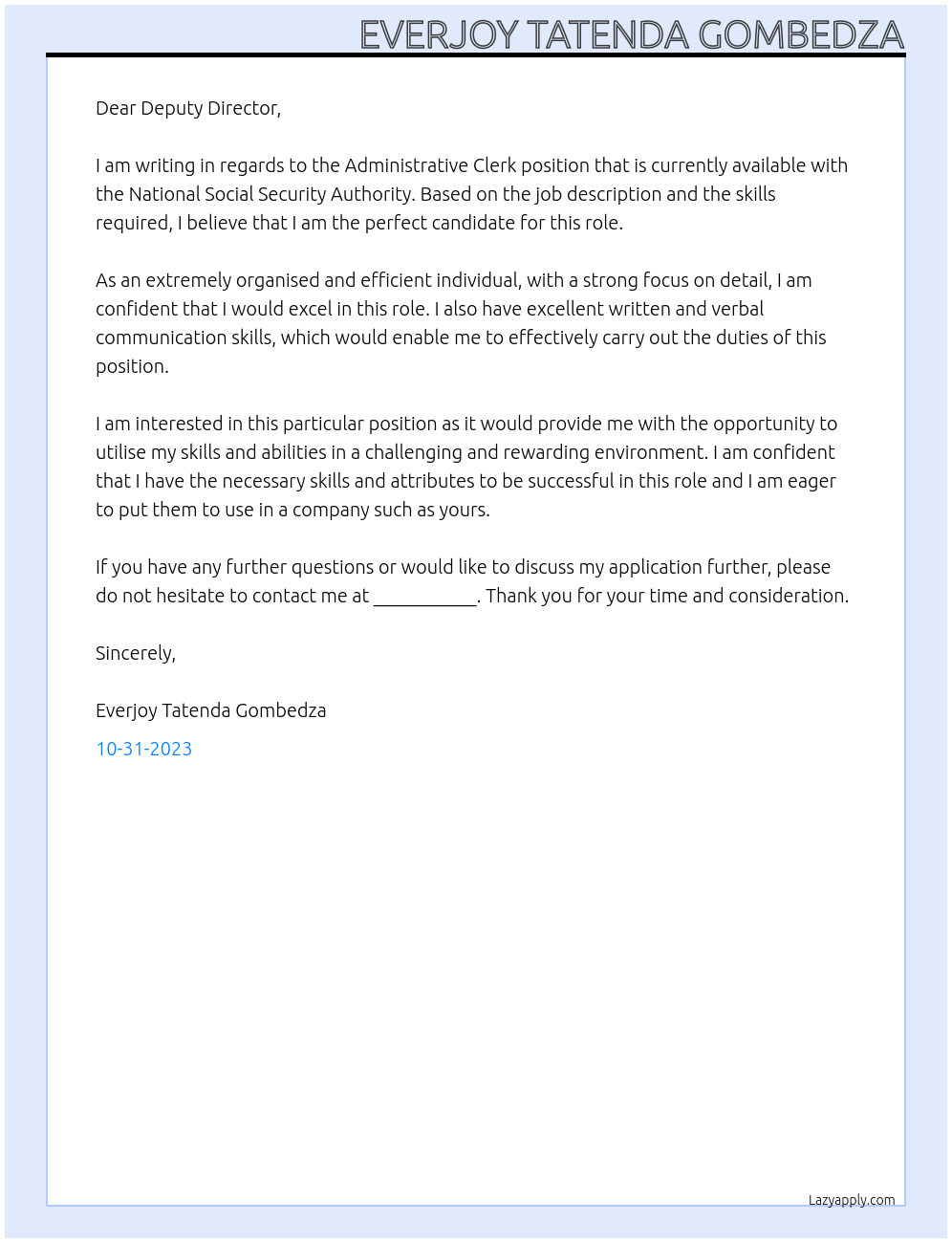 Administrative clerk At National Social Security Authority Cover Letter