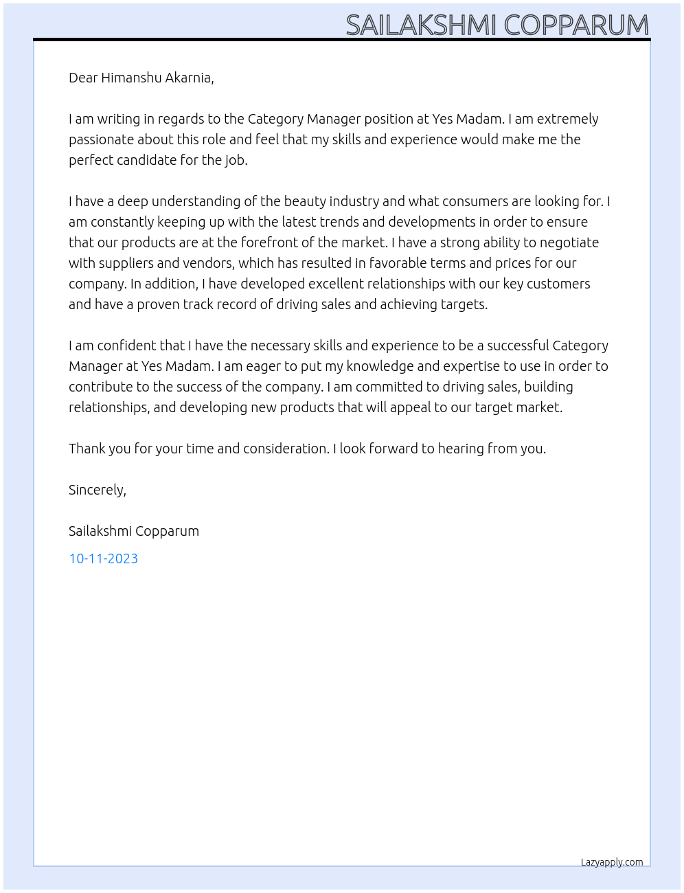 Category Manager At Yes Madam Cover Letter