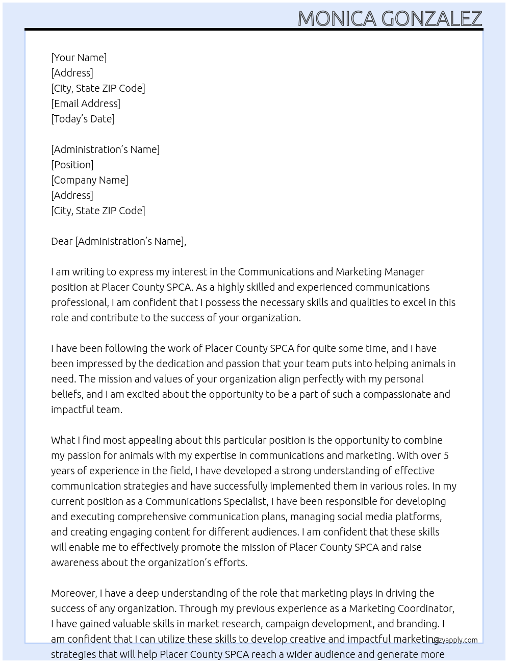 Communications and Marketing Manager At Placer County SPCA  Cover Letter