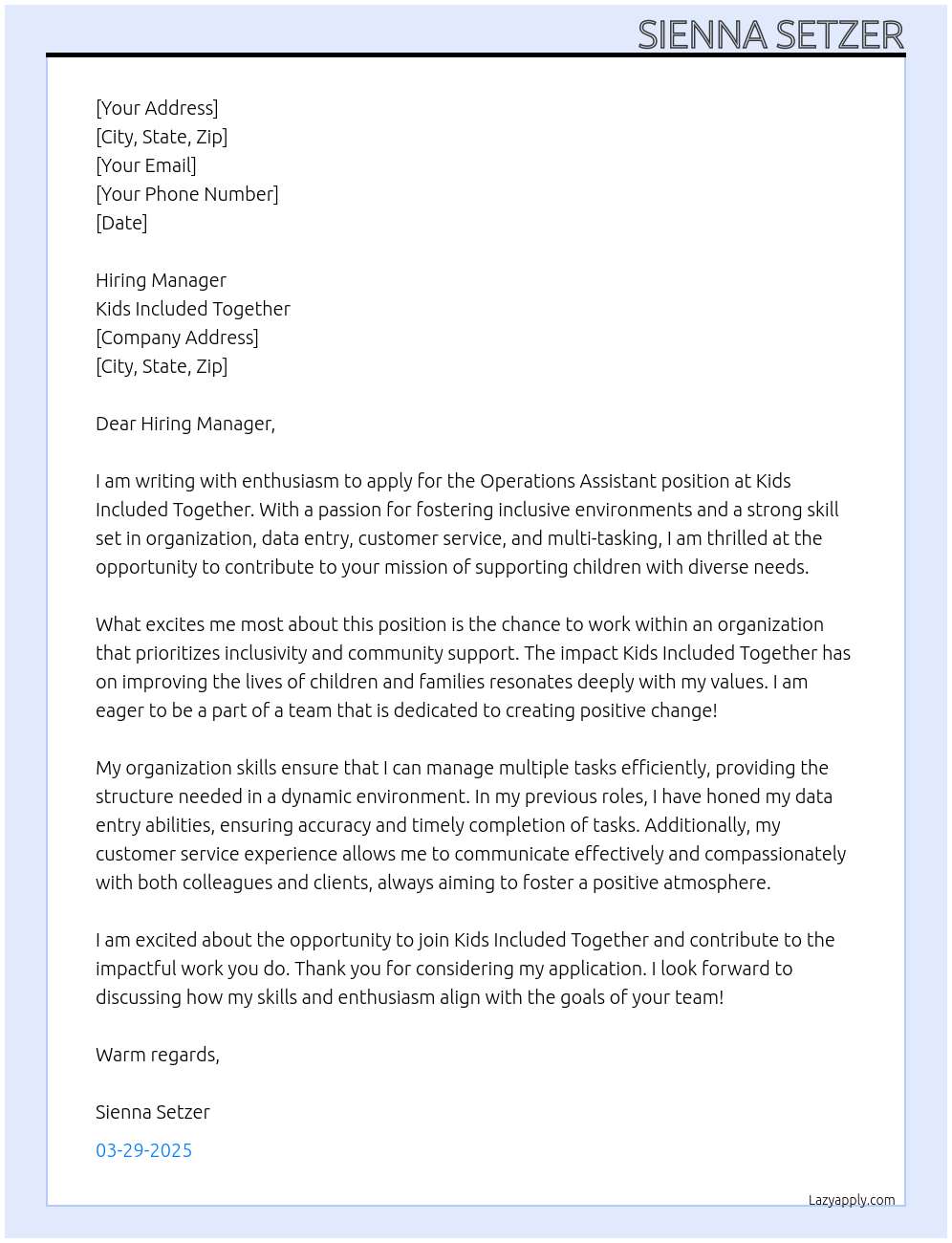 Operations Assistant At Kids Included Together Cover Letter