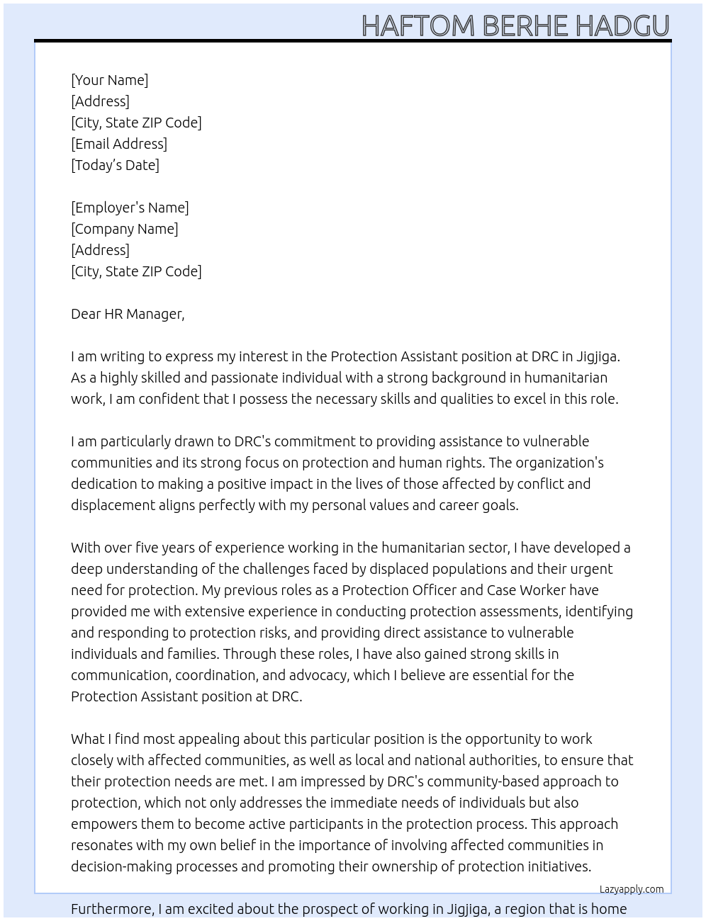 Protection Assistant At DRC Cover Letter