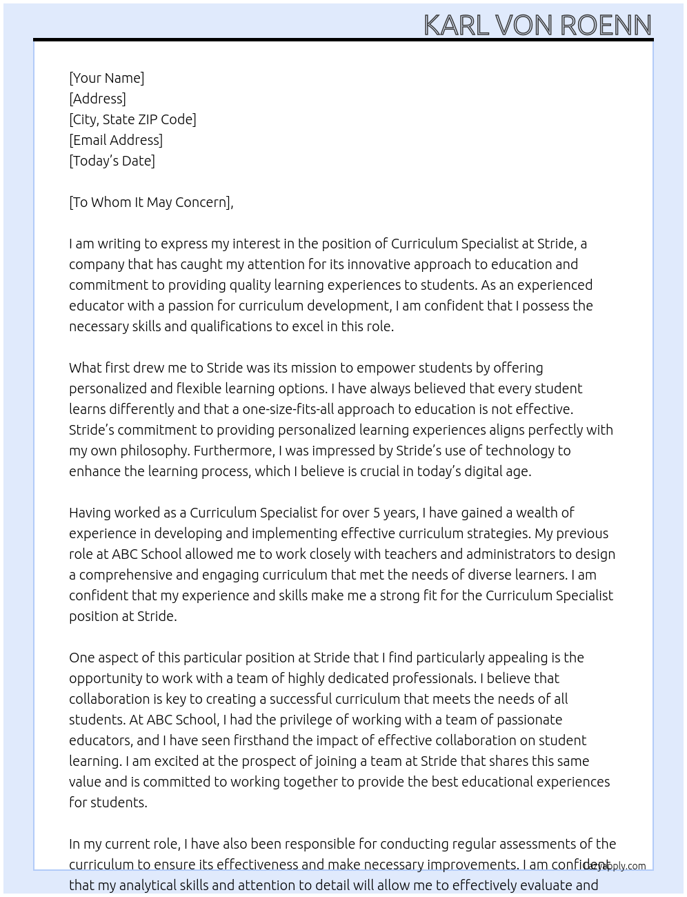 Curriculum Specialist At Stride Cover Letter