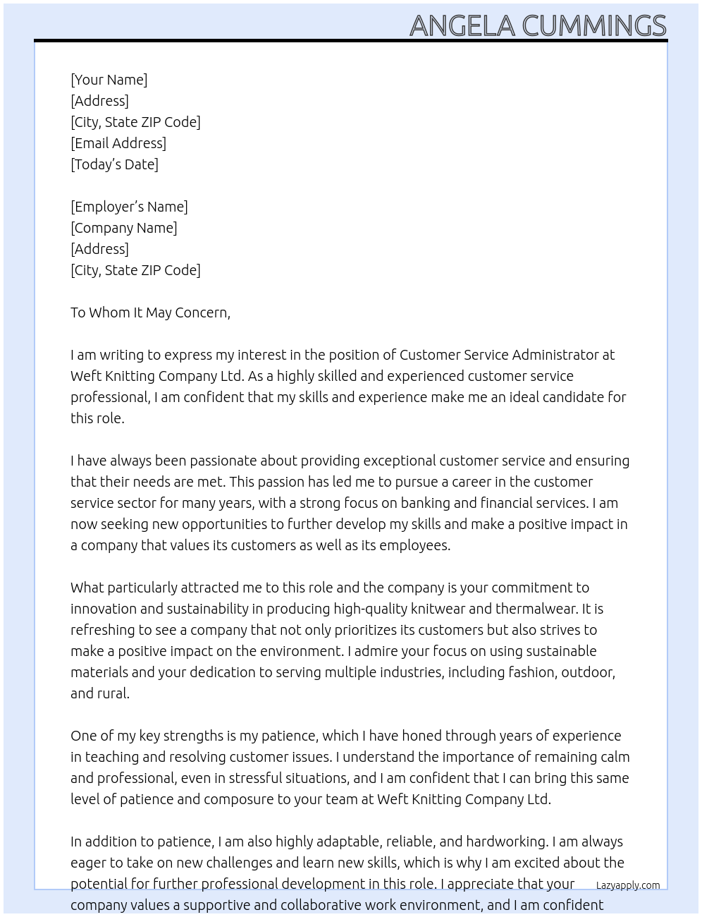 Customer Service Administrator At Customer Service Administrator Cover Letter