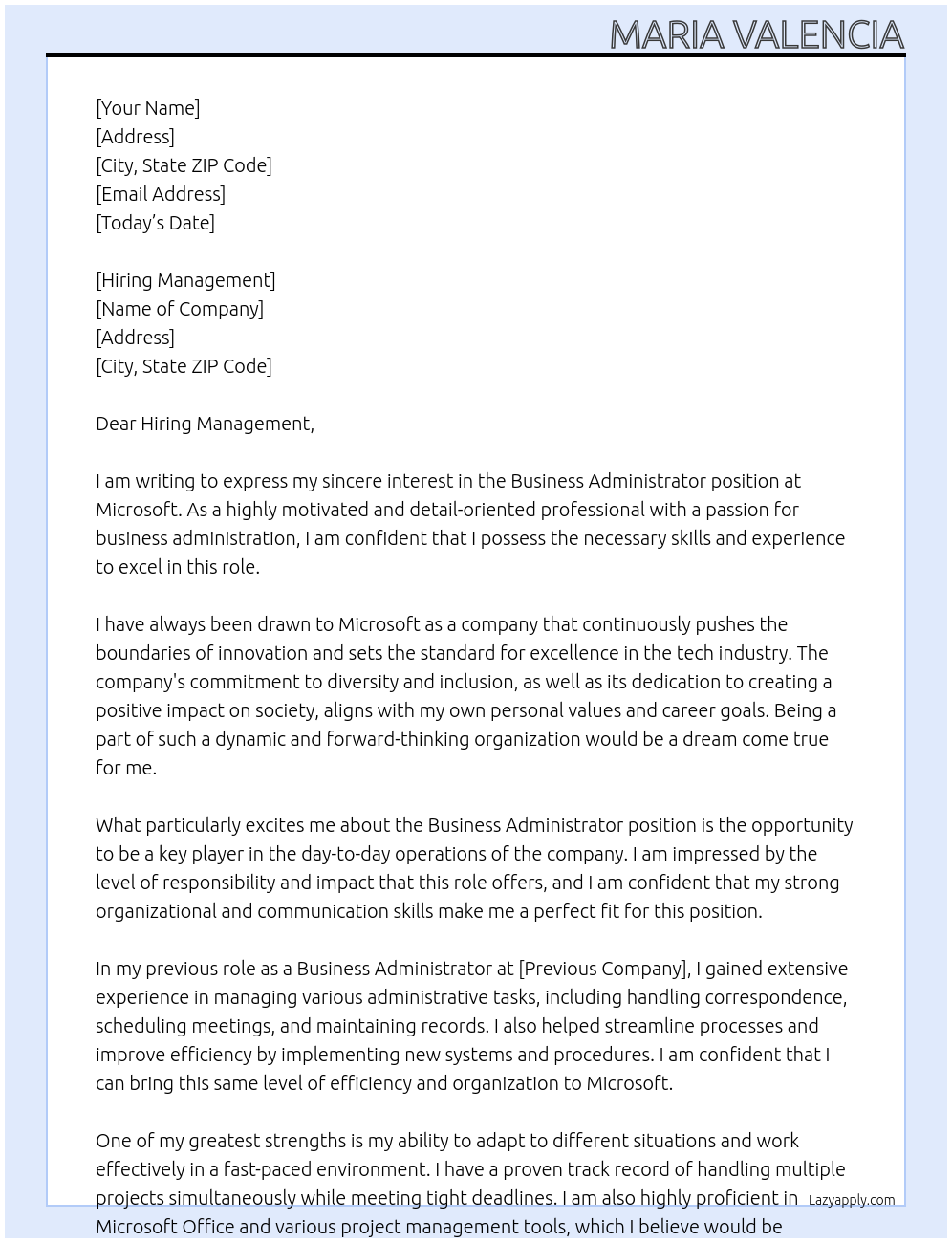 Business Administrator At Microsoft Cover Letter