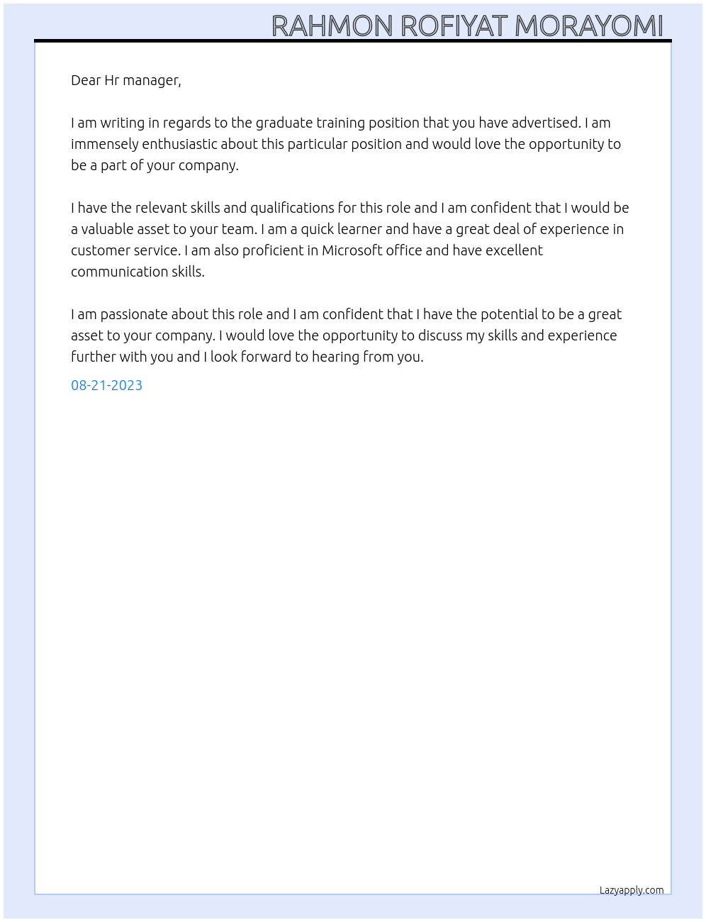 Graduate training  At None Cover Letter