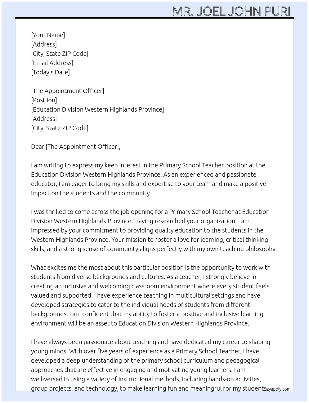 Primary School Teacher At Education Division Western Highlands Province Cover Letter