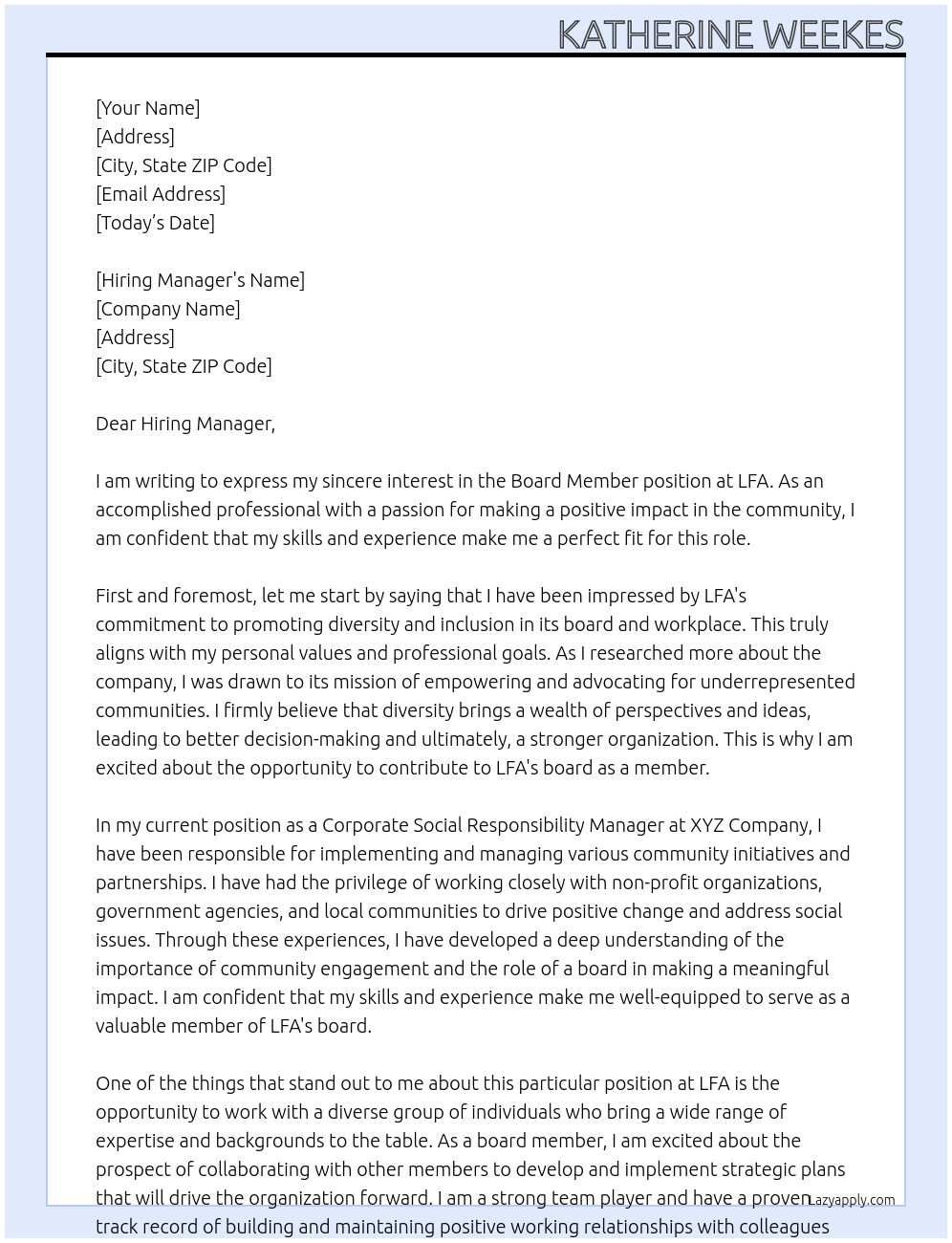Board Member At LFA Cover Letter