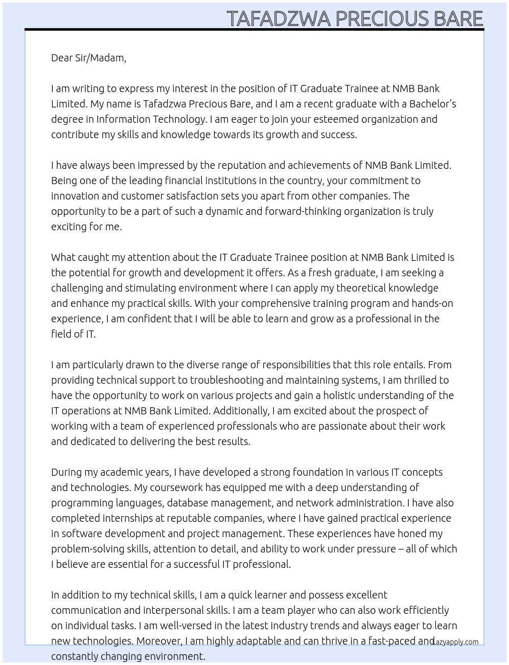 IT graduate trainee At NMB Bank limited Cover Letter