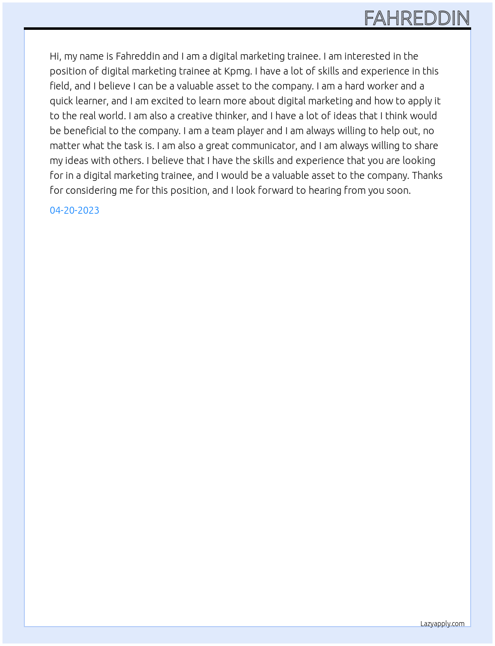 digital marketing trainee At Kpmg Cover Letter