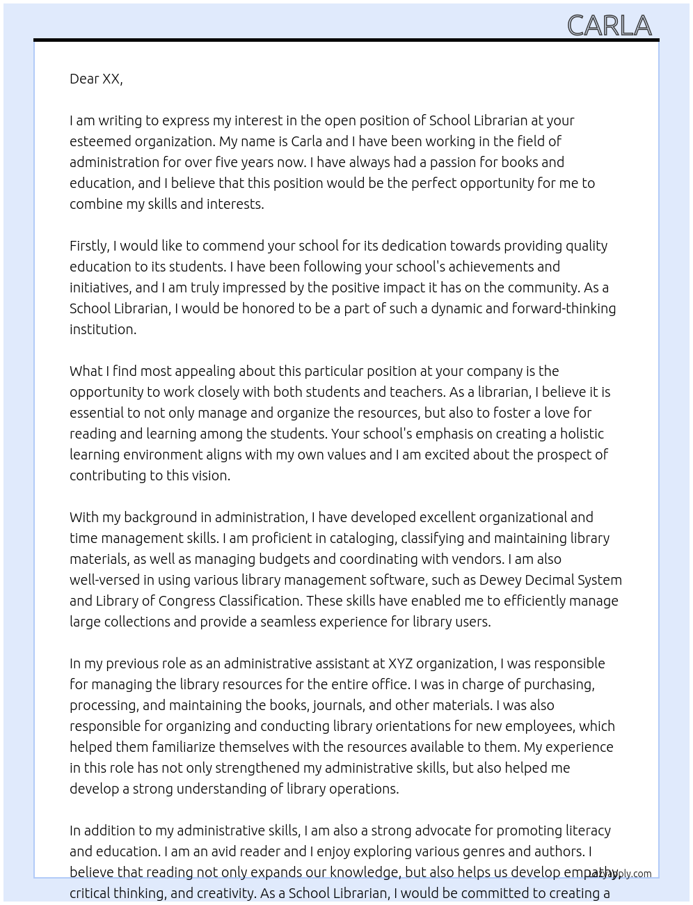 School Librarian At xx Cover Letter
