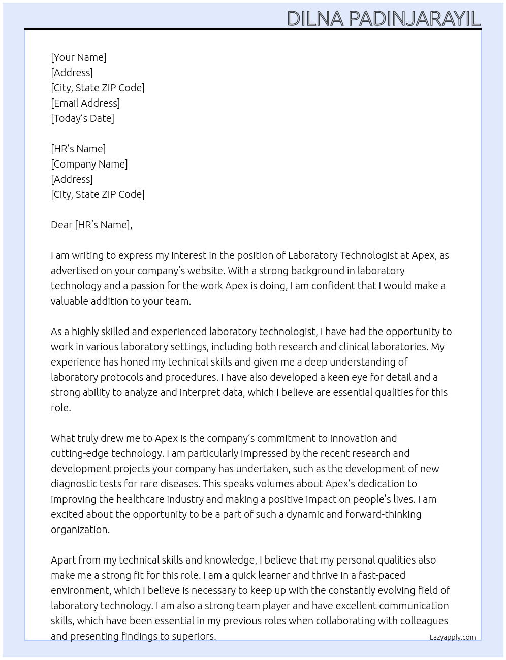 Laboratory technologist At Apex Cover Letter