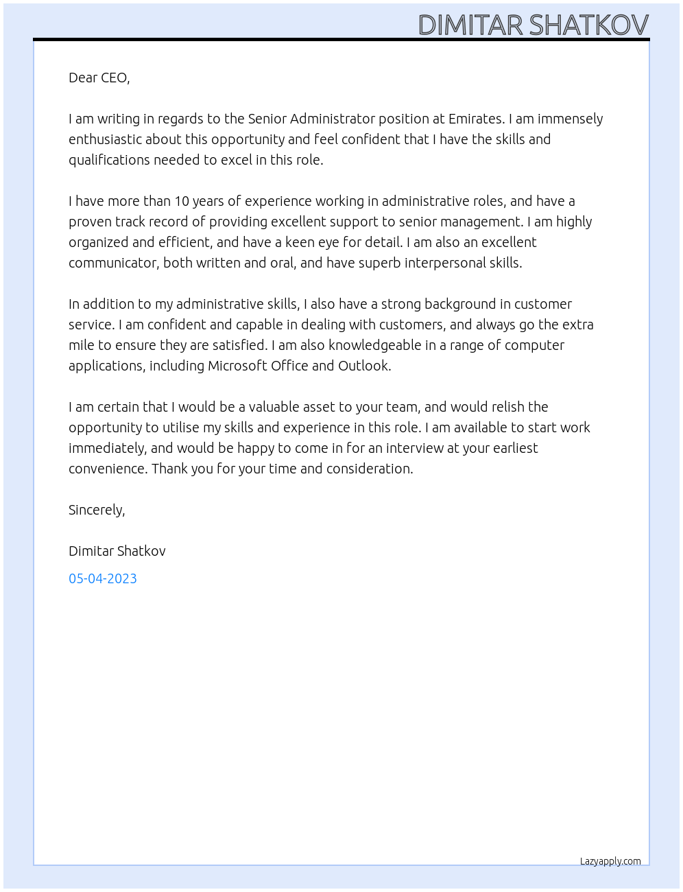 Senior Administrator At Emirates Cover Letter