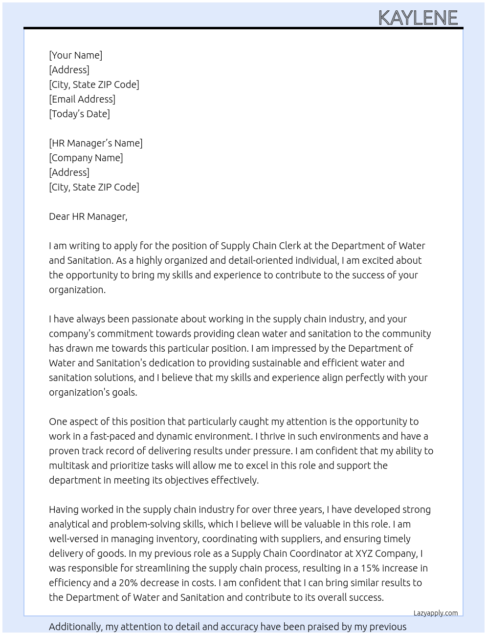 Supply chain clerk  At Department of water and sanitation  Cover Letter