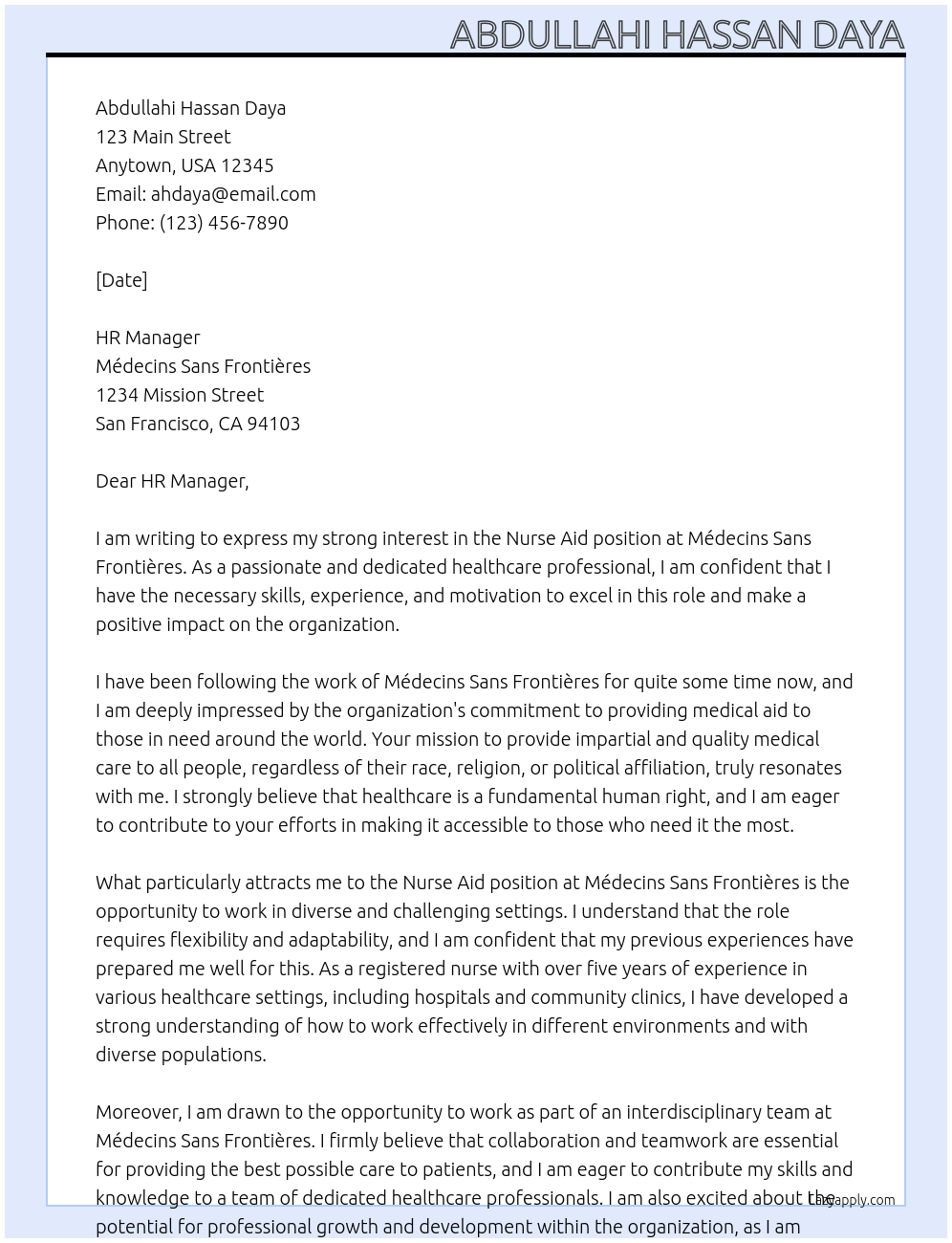 Nurse Aid At Médecins Sans Frontières Cover Letter