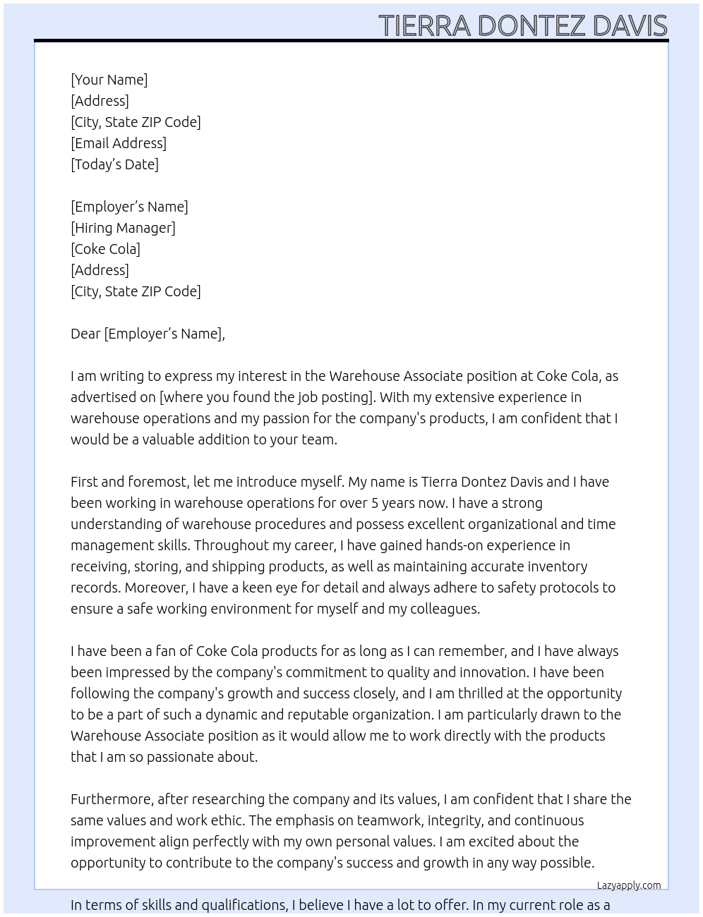 Warehouse Associate At Coke Cola Cover Letter