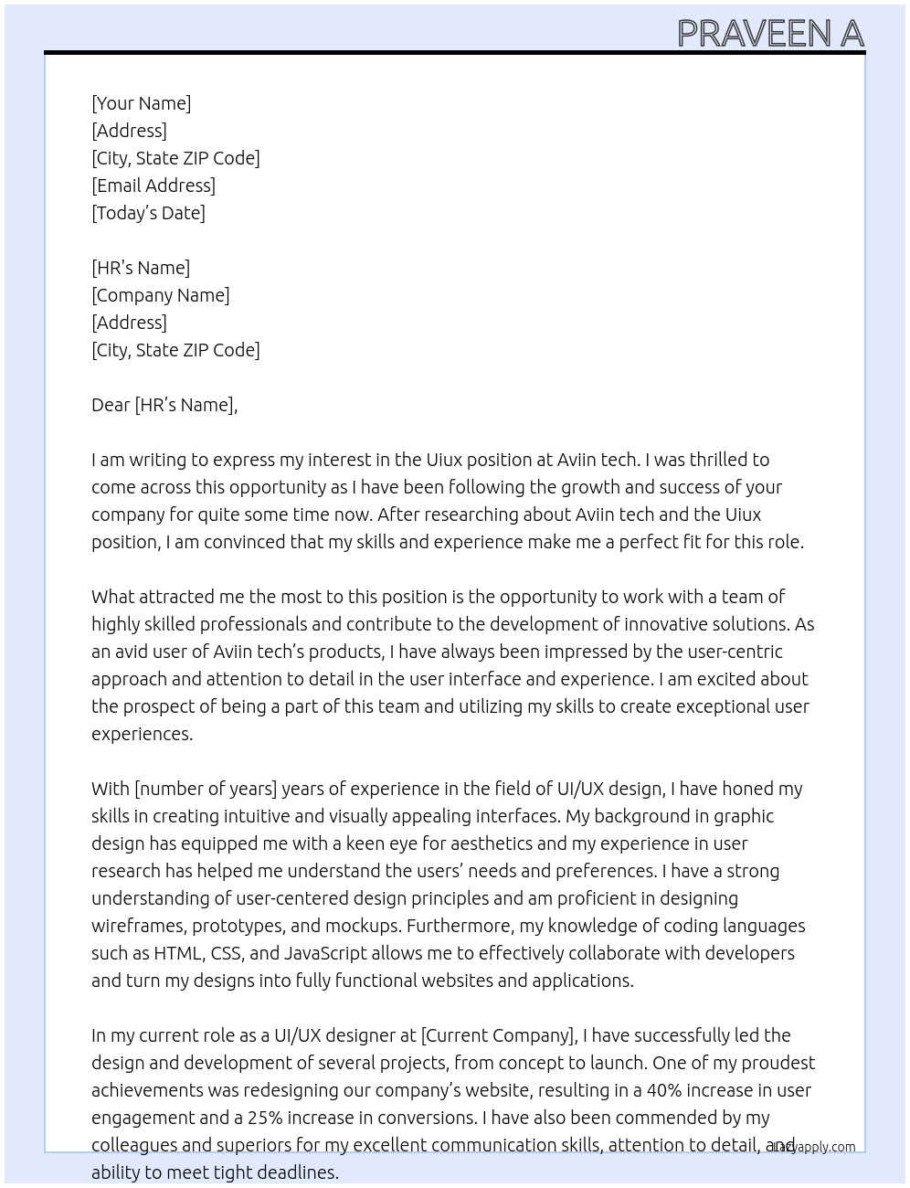 Uiux  At Aviin tech  Cover Letter