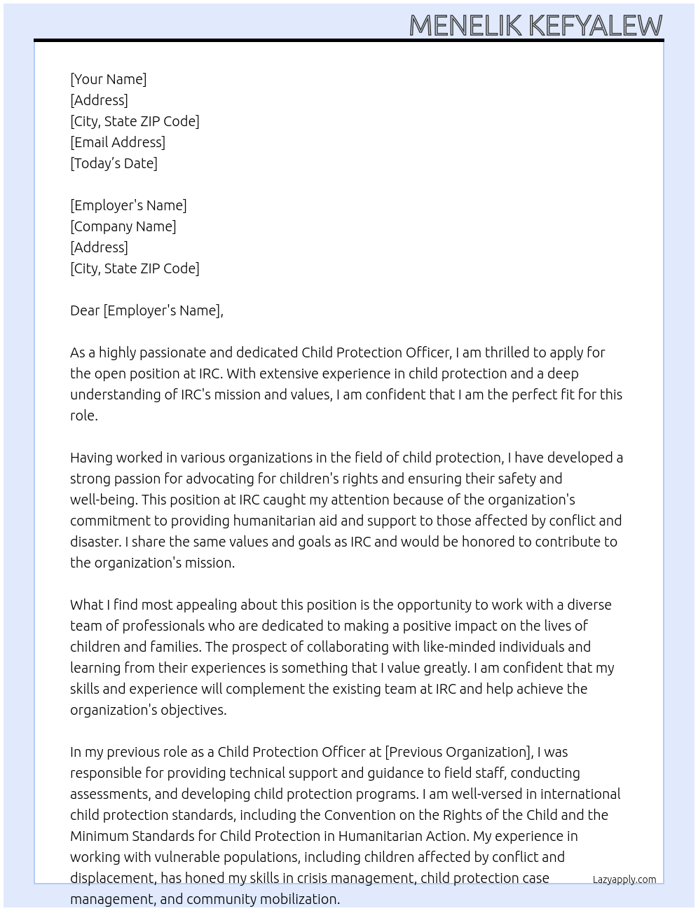 Child protection officer At IRC Cover Letter