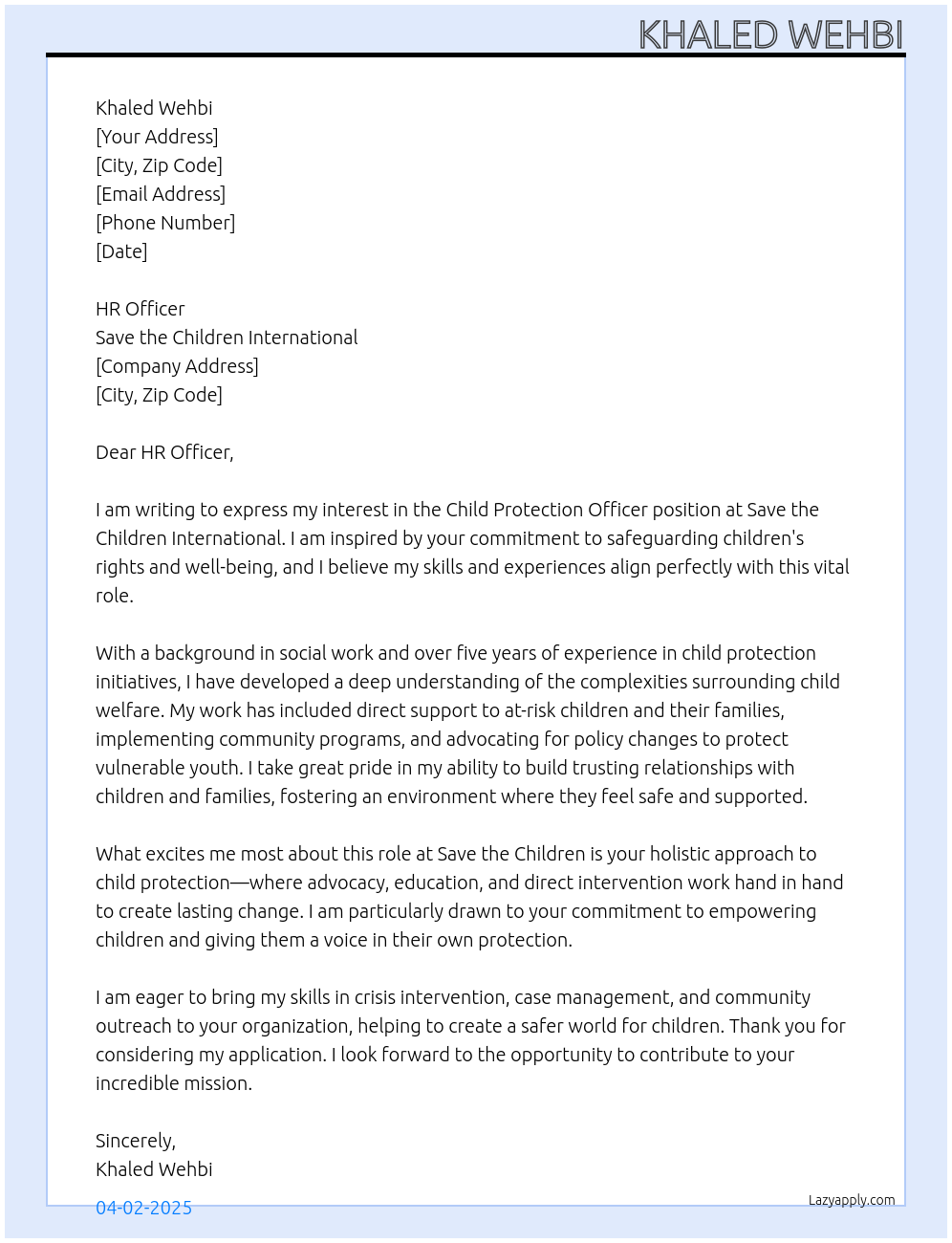 Child Protection Officer At Save the Children International Cover Letter