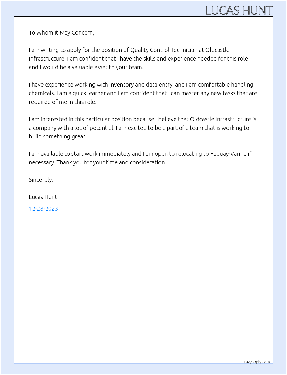 Quality Control Technician At Oldcastle Infrastructure Cover Letter