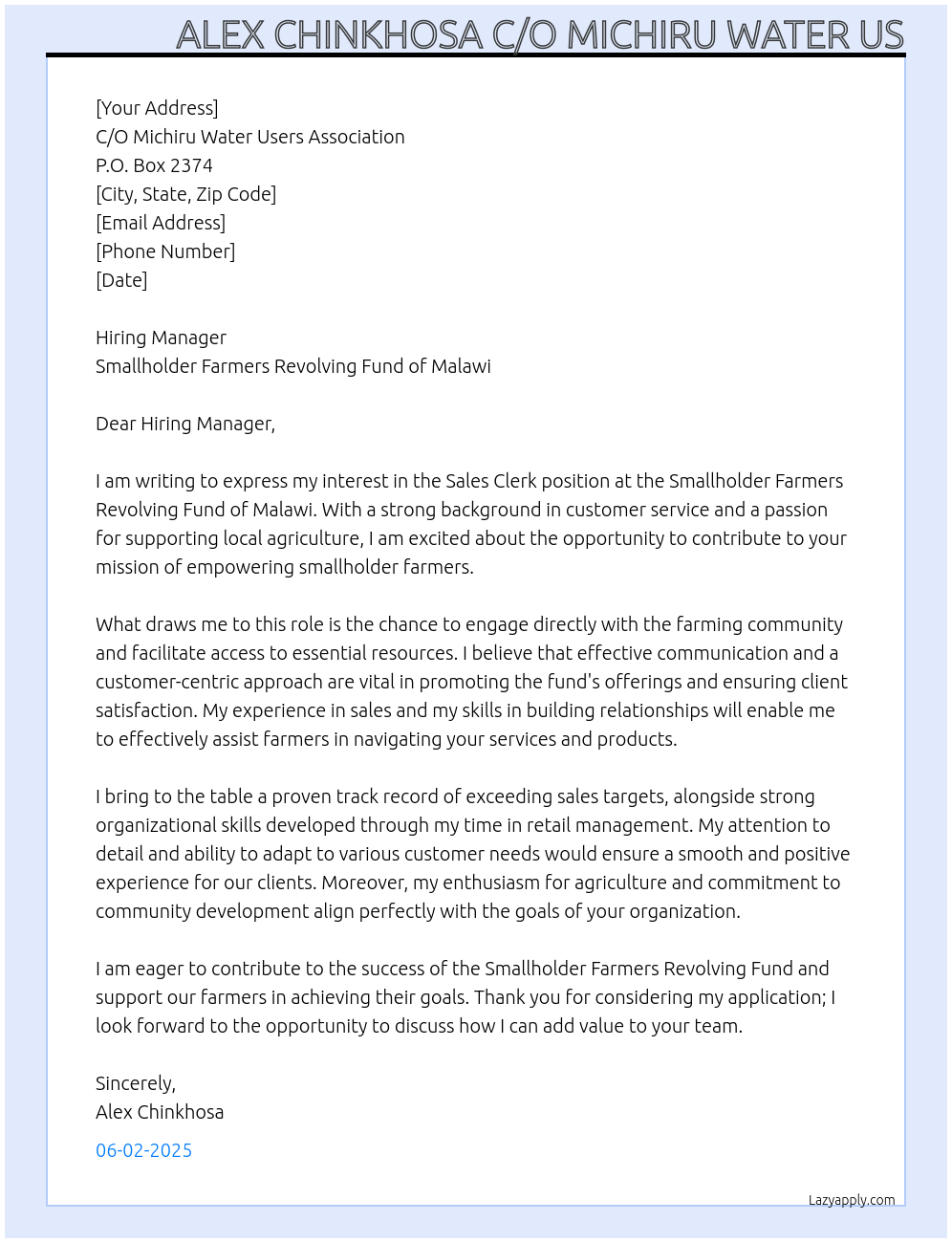 sales clerk At smallholder famers revolving fund of malawi Cover Letter