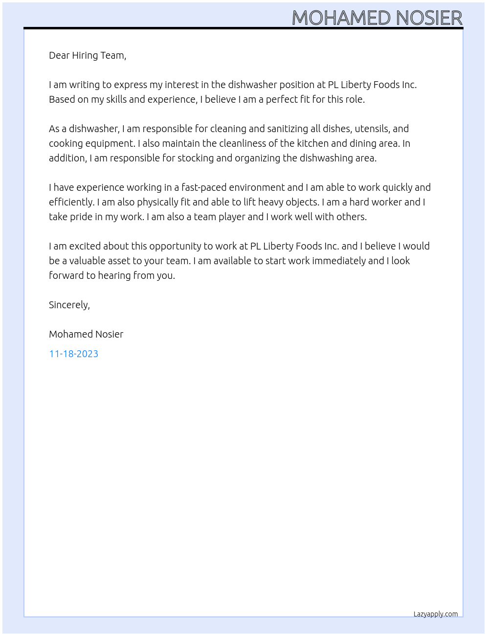 Dishwasher At PL Liberty Foods inc Cover Letter