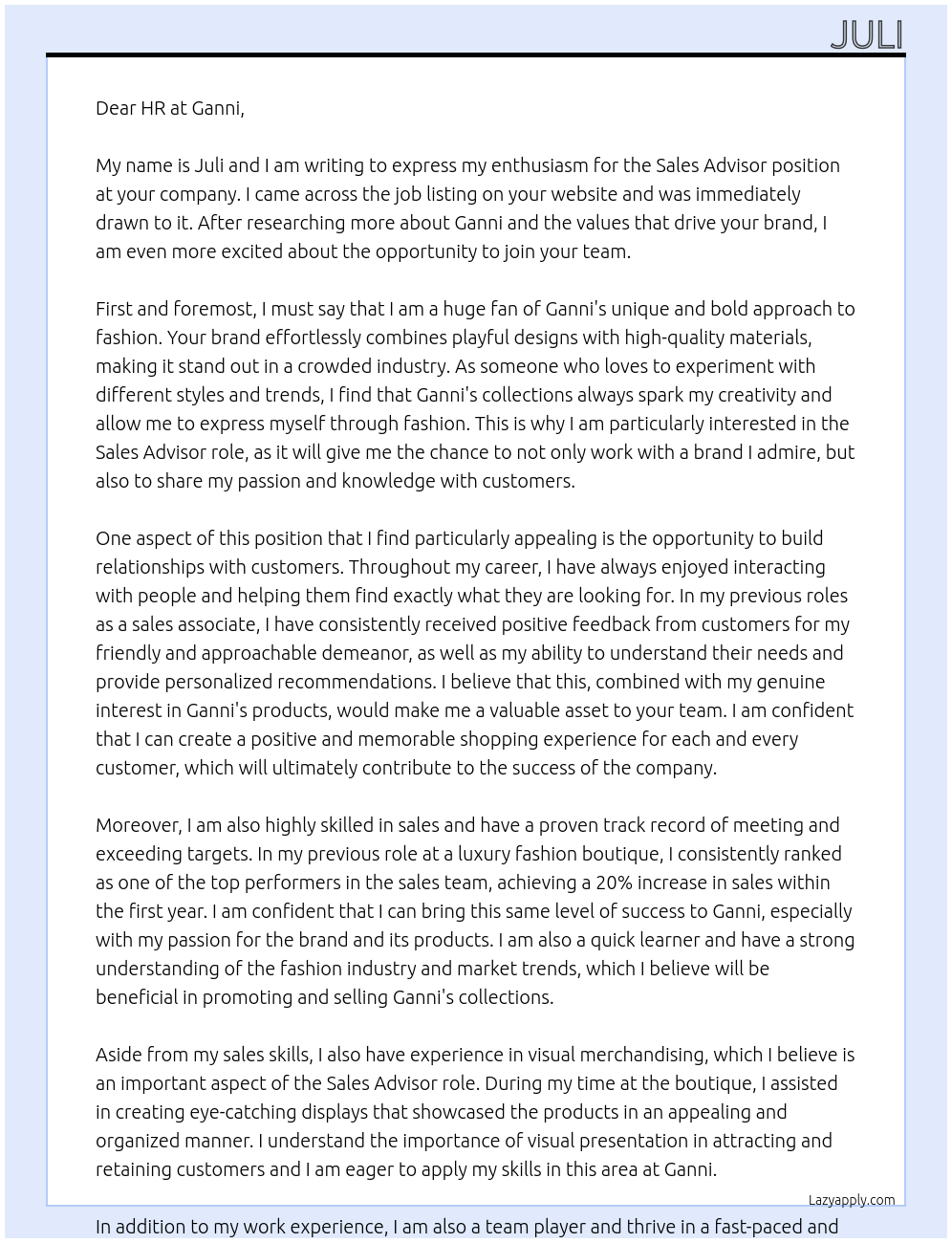 Sales Advisor At Ganni Cover Letter