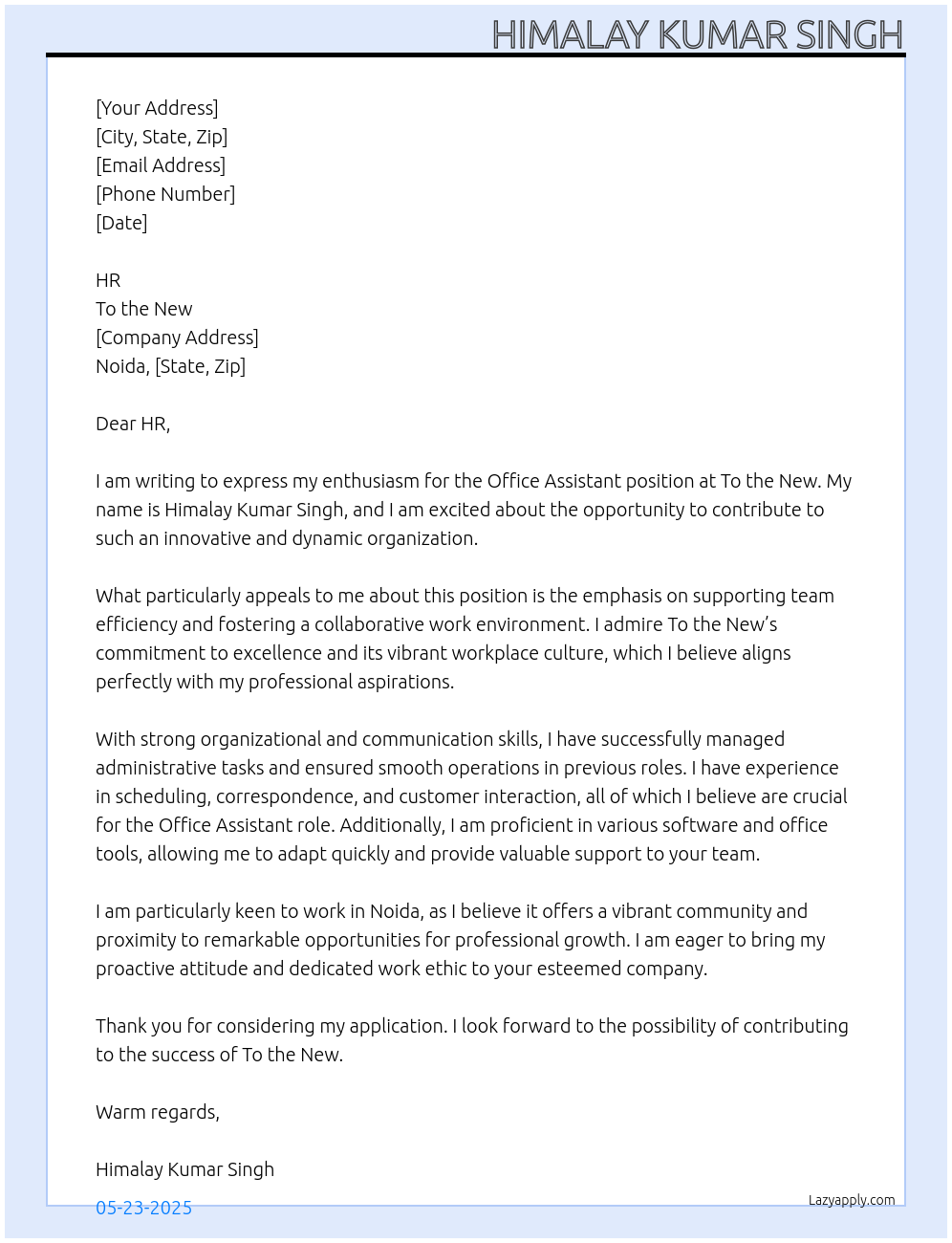 Office assistant At To the new Cover Letter