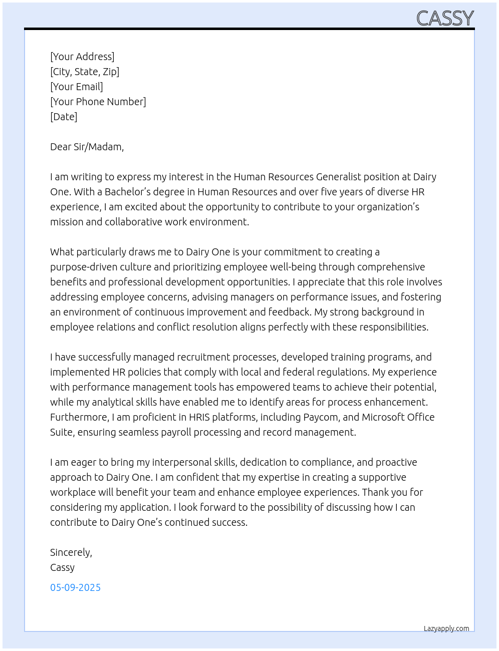 Human Resources Generalist At Dairy One Cover Letter