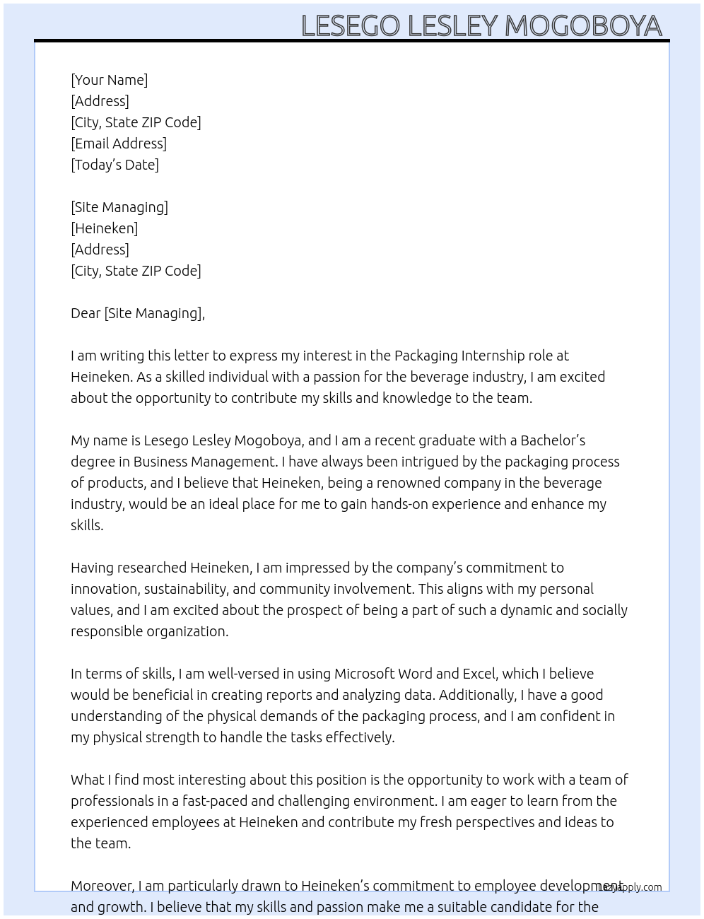 Packaging  At Heineken  Cover Letter