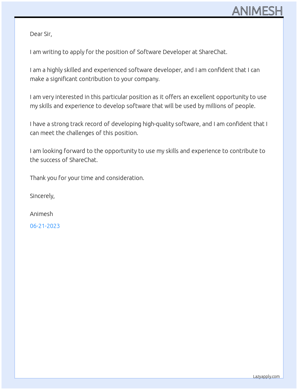 Software Developer At ShareChat Cover Letter