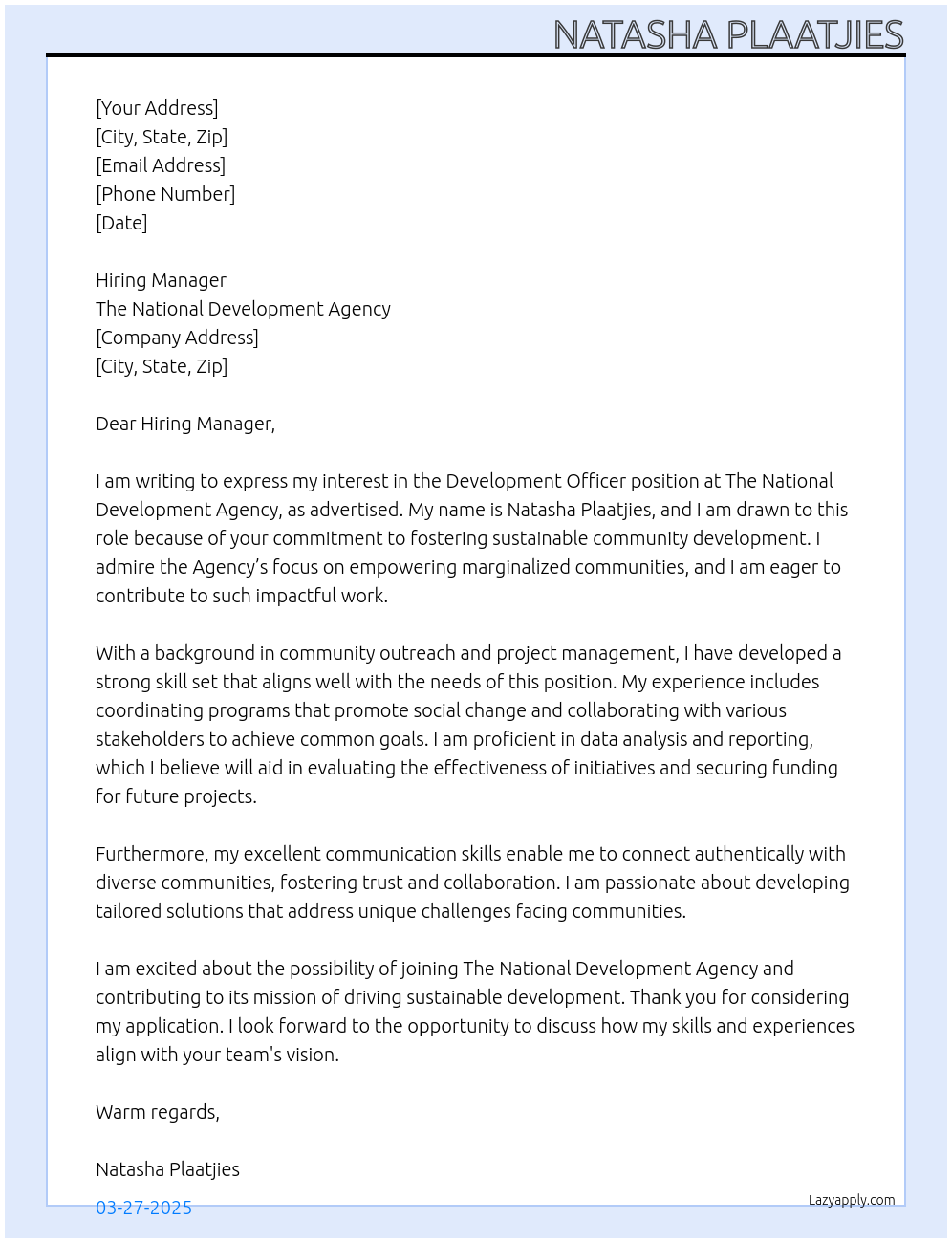 Development Officer At The National Development Agency Cover Letter